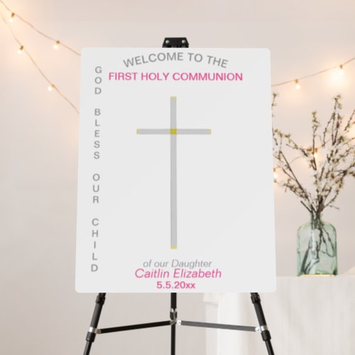 Pink First Holy Communion Cross Name Date Foam Board