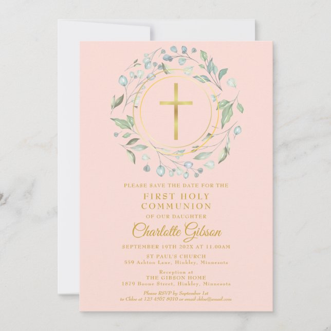 Pink First Holy Communion Greenery Gold Cross Save The Date (Front)