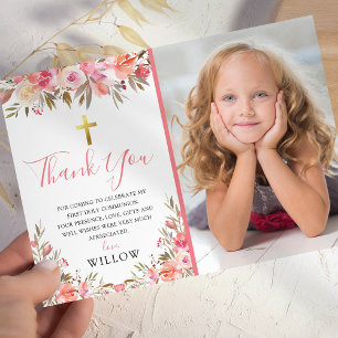 Pink First Holy Communion Photo Thank You Card