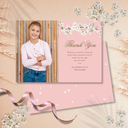 Pink First Holy Communion Photo White Blossom  Thank You Card