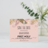Pink First Holy Communion Save the Date Budget (Standing Front)