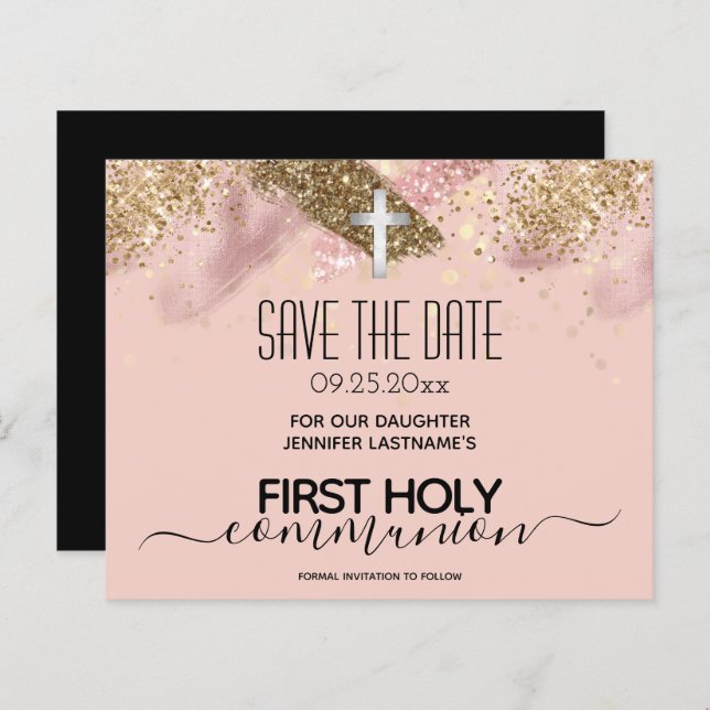 Pink First Holy Communion Save the Date Budget (Front/Back)