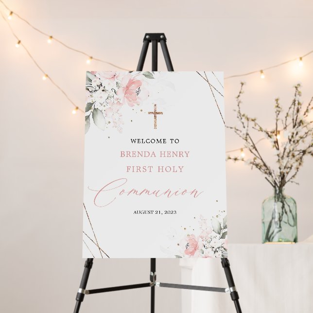 Pink First Holy Communion Welcome Sign, Editable Foam Board (In Situ (Stand))