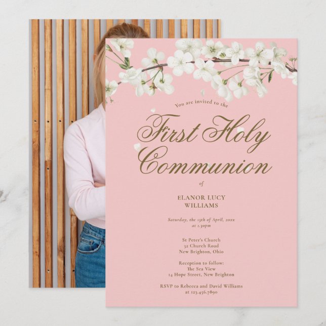 Pink First Holy Communion White Blossom Photo Invitation (Front/Back)