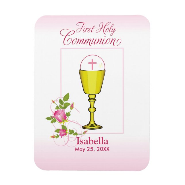 Pink First Holy Communion with Chalice and Roses Magnet (Vertical)