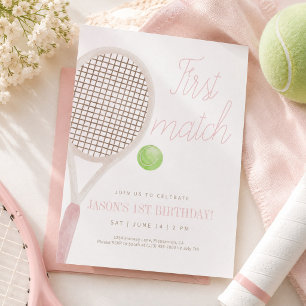 Pink First Match Tennis Birthday Invitation