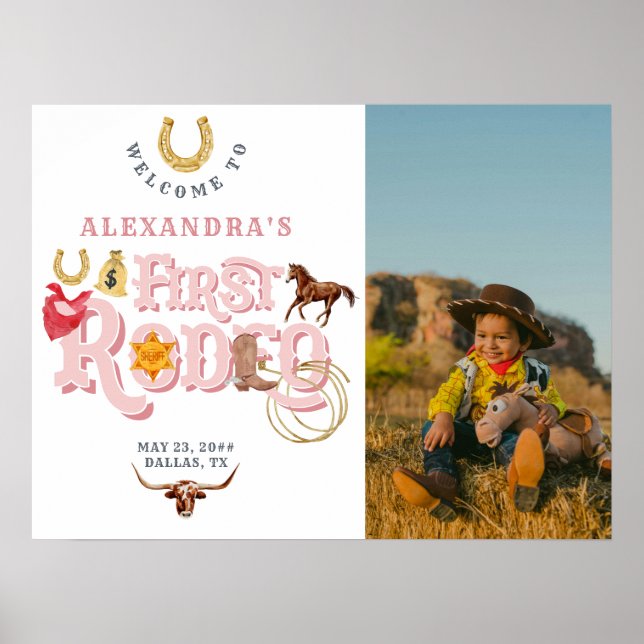 Pink First Rodeo Baby Girl 1st Birthday Welcome Poster (Front)