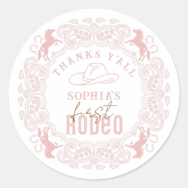 Pink First Rodeo Birthday Favor Sticker – Cowgirl  (Front)