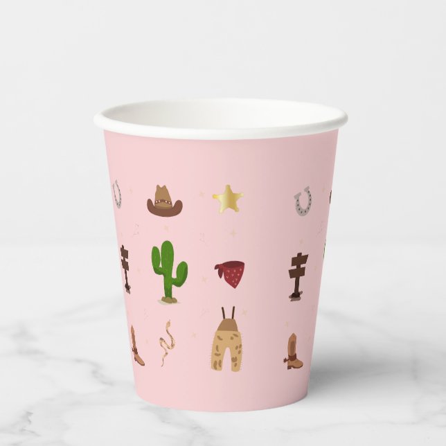 Pink First Rodeo Cowboy Kids Birthday  Paper Cups (Front)