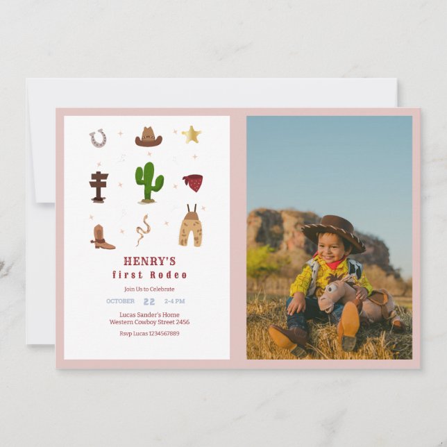 Pink First Rodeo Cowboy Kids Birthday Photo Invitation (Front)