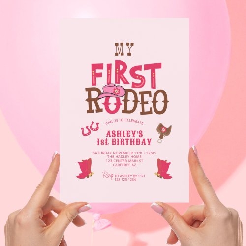 Pink First Rodeo Cowgirl 1st Birthday Invitation