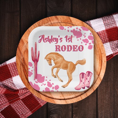 Pink First rodeo cowgirl birthday party custom Paper Plates
