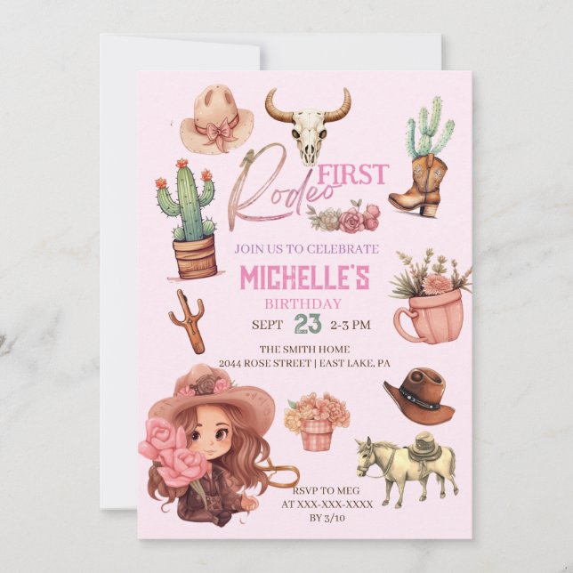 Pink First Rodeo Cowgirl Western Birthday Party Invitation (Front)
