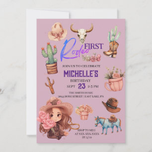 Pink First Rodeo Cowgirl Western Birthday Party Invitation