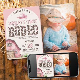 Pink First Rodeo Pink Custom Photo 1st Birthday Invitation