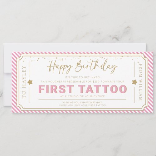 Pink First Tattoo Birthday Gift Voucher Card