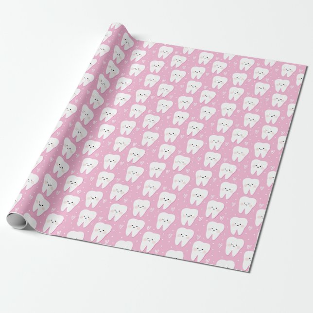 Pink First Tooth Gift Wrapping Paper (Unrolled)