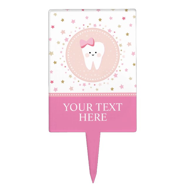 Pink First Tooth Party Food Label or Cake Topper (Front)