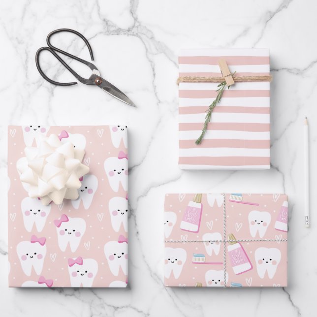 Pink First Tooth Wrapping Paper Sheet Set of 3 (Front)
