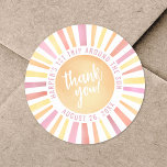 Pink First Trip Around The Sun 1st Birthday Classic Round Sticker<br><div class="desc">This round sticker design features a vibrant sun at the center, with the cheerful phrase "Thank You!" placed right on top. The sun's rays shine in warm shades of yellow, orange, pink, and red, adding a bright and joyful touch to your First Trip Around The Sun 1st birthday celebration. Encircling...</div>