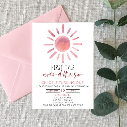 Pink First Trip Around The Sun 1st Birthday Party Invitation