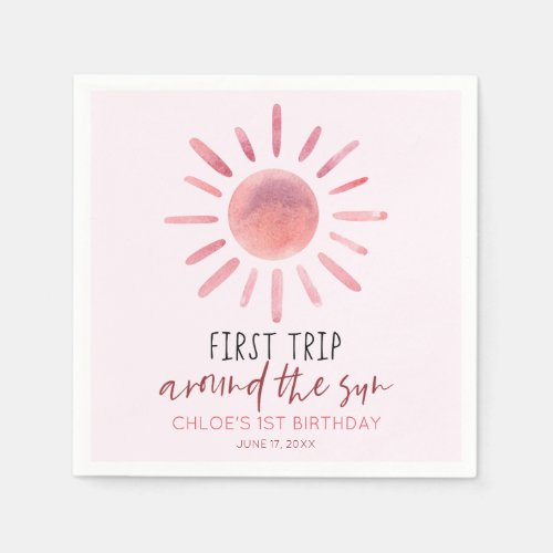 Pink First Trip Around The Sun 1st Birthday Party Napkins