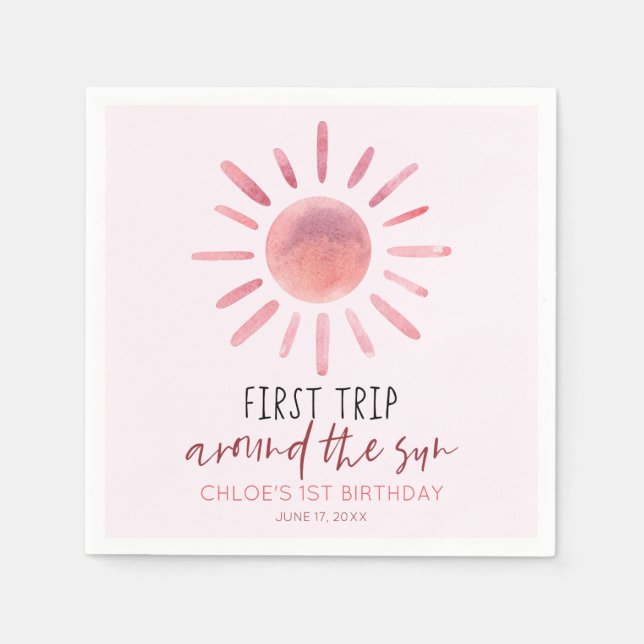 Pink First Trip Around The Sun 1st Birthday Party Napkins (Front)