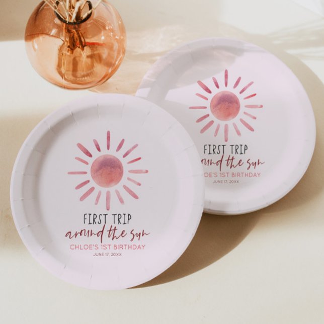 Pink First Trip Around The Sun 1st Birthday Party Paper Plates (Creator Uploaded)