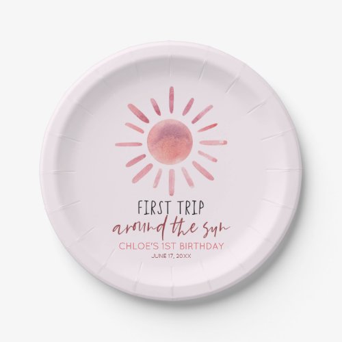 Pink First Trip Around The Sun 1st Birthday Party Paper Plates