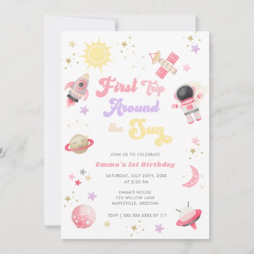 Pink First Trip Around the Sun First Birthday Invi Invitation