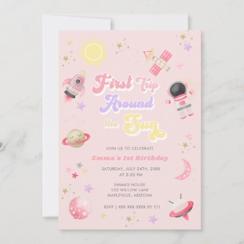 Pink First Trip Around the Sun First Birthday Invitation