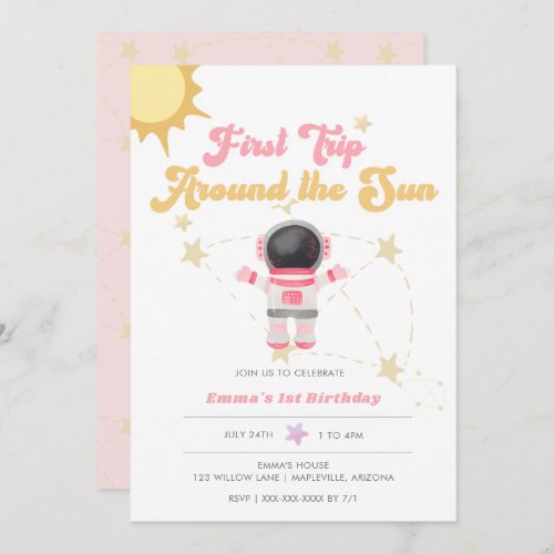 Pink First Trip Around the Sun First Birthday  Invitation