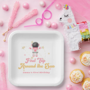 Pink First Trip Around the Sun First Birthday  Paper Plates