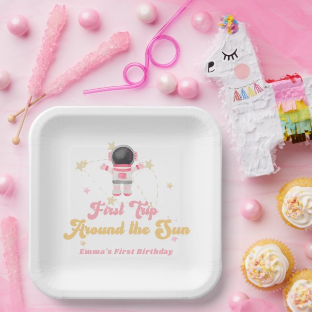 Pink First Trip Around the Sun First Birthday  Paper Plates (Party)