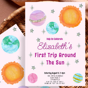 Pink First Trip Around The Sun Girl 1st Birthday Invitation