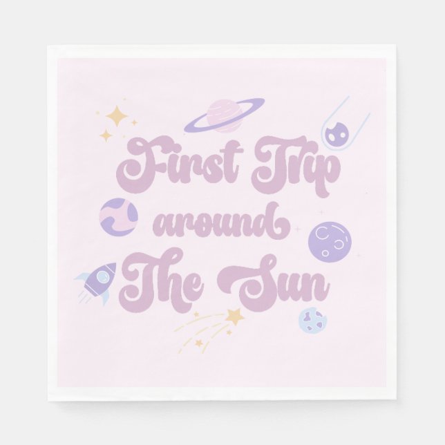 Pink First Trip Around The Sun Space 1st Birthday Napkins (Front)