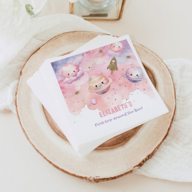 Pink First trip around the sun Space Girl birthday Napkins (Creator Uploaded)