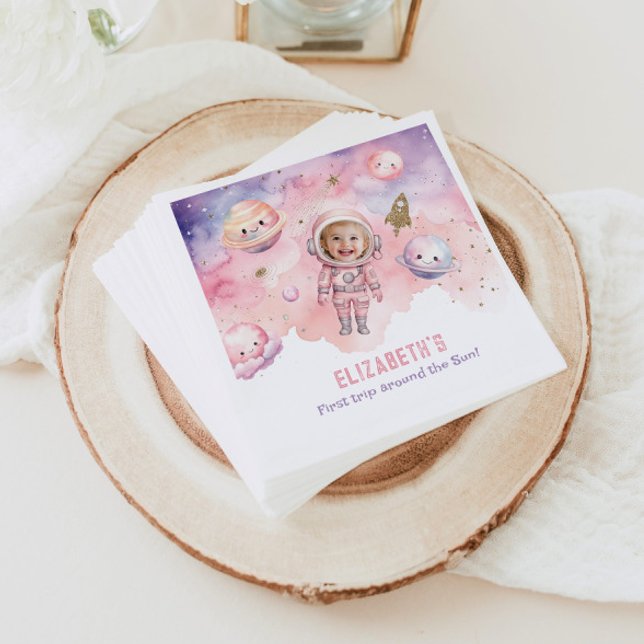 Pink First trip around the sun Space Girl birthday Napkins (Creator Uploaded)