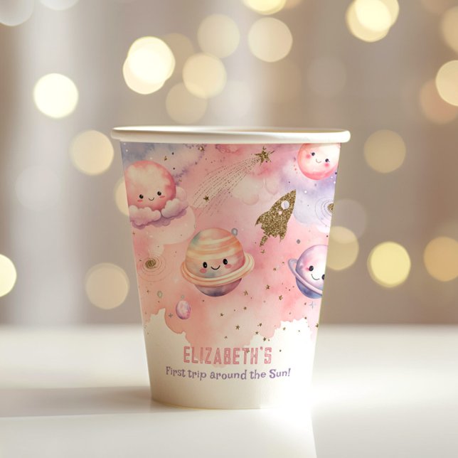 Pink First trip around the sun Space Girl birthday Paper Cups (Creator Uploaded)