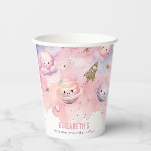 Pink First trip around the sun Space Girl birthday Paper Cups