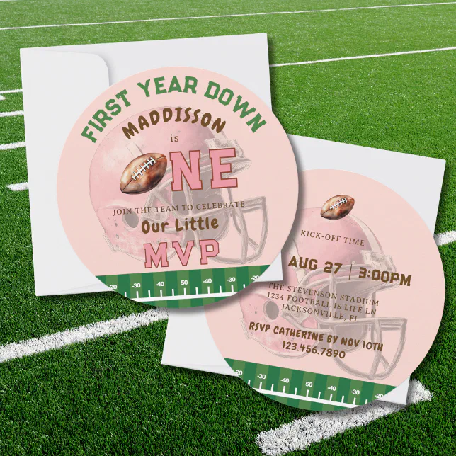 PINK FIRST YEAR DOWN FOOTBALL 1ST BIRTHDAY THEME INVITATION | Zazzle