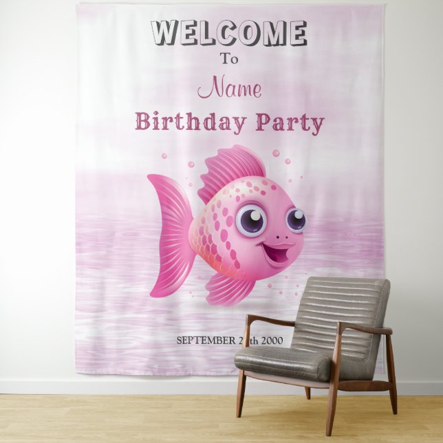 Pink Fish Birthday Party Backdrop (In Situ)