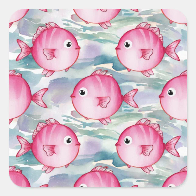 Pink Fish Pattern Square Sticker | Zazzle