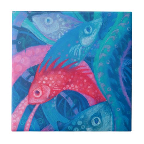 Pink Fish Seaweed Sea Ocean Animals Underwater Art Ceramic Tile