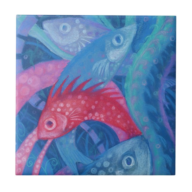Pink Fish Seaweed Sea Ocean Animals Underwater Art Ceramic Tile (Front)