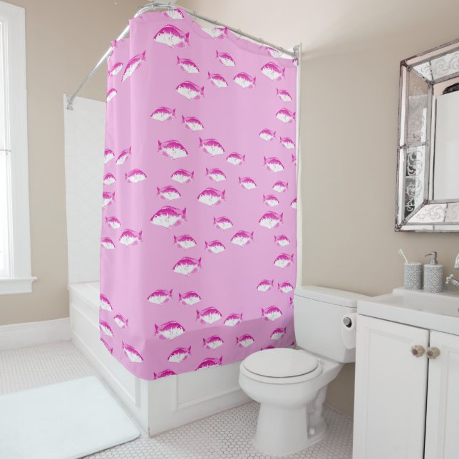 Pink fish shower curtain (In Situ)