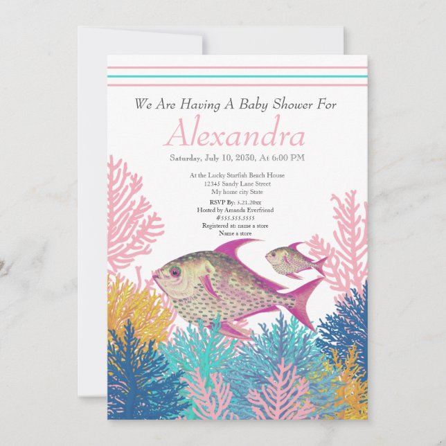 Pink Fish, Teal Coral Ahoy Baby Shower invitation  (Front)