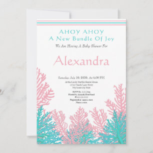 Pink Fish, Teal Coral Ahoy Baby Shower invitation