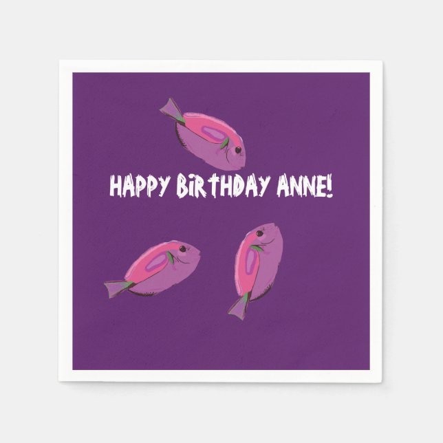 Pink Fishes Custom Name Birthday Napkins (Front)