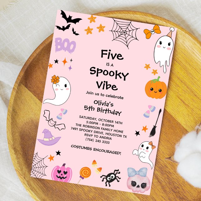 Pink Five is a Spooky Vibe Halloween 5th Birthday Invitation (Pink Five is a Spooky Vibe Girl Halloween 5th Birthday Invitation )